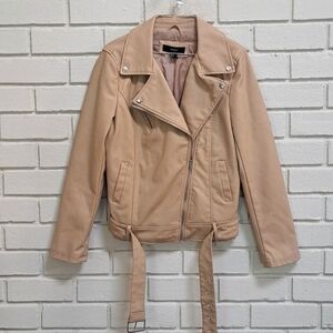 Forever 21 Tan Lined Belted Moto Jacket W/Pockets. Size Large NWOT